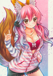  animal_ears blush bra breasts cleavage collarbone commentary_request fate/extra fate_(series) female fox_ears fox_shadow_puppet fox_tail jewelry large_breasts light_smile long_hair looking_at_viewer marker_(medium) necklace official_alternate_costume open_clothes open_shirt pink_bra pink_hair shirt solo tail tamamo_(fate) tamamo_no_mae_(fate/extra) tamamo_no_mae_(spring_casual)_(fate) traditional_media underwear yellow_eyes yuto_takumi 