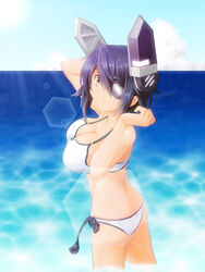  arm_up arms_behind_head ass back bikini breasts caustics checkered_necktie cleavage closed_mouth cloud collarbone commentary_request cowboy_shot day eyepatch female flat_ass from_side glowing hair_between_eyes hand_up headgear hexagon kantai_collection large_breasts legs_apart lens_flare light_rays light_smile looking_at_viewer looking_back necktie neon_trim ocean official_alternate_costume outdoors pinesea purple_hair short_hair sidelocks sky smile solo standing sun sunbeam sunlight swimsuit taut_bikini taut_clothes tenryuu_(kancolle) tenryuu_(swimsuit_mode)_(kancolle) wading water wet white_bikini yellow_eyes 