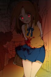  blood blood_on_clothes blood_on_face blue_skirt brown_hair commentary_request female highres red_eyes skirt sweater_vest takae_(poupee_en_biscuit) tsukihime two_side_up vampire yumizuka_satsuki 