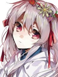  commentary_request dress female flower grey_hair hair_flower hair_ornament kagerou_project kozakura_marry long_hair looking_at_viewer red_eyes solo wonoco0916 