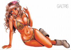  animal_print bikini blue_eyes boots breasts brown_hair dark-skinned_female dark_skin female fingernails flower ganguro hair_flower hair_ornament highres large_breasts lipstick long_hair looking_at_viewer makeup navel solo swimsuit tabe_koji tan wide_hips 