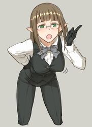  :o black_gloves breasts brown_hair commentary_request cowboy_shot cropped_legs dungeon_ni_deai_wo_motomeru_no_wa_machigatteiru_darou_ka eina_tulle elf female formal glasses gloves green_eyes grey_background jpeg_artifacts leaning_forward medium_breasts pant_suit pants pointing pointy_ears shoe-ji short_hair solo suit vest 