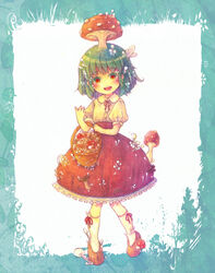  basket blush border bow female green_hair hantoumei_namako mushroom open_mouth orange_eyes red_eyes saliva shoes short_hair short_sleeves simple_background skirt smile socks solo 