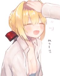  :d ^_^ bad_id bad_pixiv_id blonde_hair blush braid breasts cleavage closed_eyes commentary_request dress_shirt fate/extra fate_(series) female french_braid hair_ribbon hand_on_another&#039;s_head headpat medium_breasts munuko nero_claudius_(fate) nero_claudius_(fate/extra) no_bra open_clothes open_mouth open_shirt out_of_frame puff_of_air red_ribbon ribbon shirt sidelocks smile solo_focus upper_body v-shaped_eyebrows 