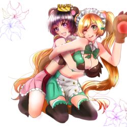  2girls ;p animal_ears animal_hands bad_id bad_pixiv_id bear_ears bear_girl bear_paws blonde_hair bow breasts cleavage crop_top flower gloves green_eyes hairbow hug hug_from_behind large_breasts lily_(flower) long_hair maid_headdress miturousoku multiple_girls one_eye_closed paw_gloves paw_shoes purple_eyes purple_hair ribbon seiza shoes short_hair sitting skirt thighhighs tongue tongue_out twintails very_long_hair yuri yuri_kuma_arashi yurigasaki_lulu yurishiro_ginko zettai_ryouiki 