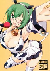  ;d absurdres animal_ears animal_print bell breasts cleavage collar cover cover_page cow_ears cow_girl cow_print cow_tail cowbell detached_sleeves doujin_cover female glasses green_hair headband highres infinite_stratos large_breasts microphone neck_bell one_eye_closed open_mouth scan semi-rimless_eyewear skirt smile tail thighhighs yamada_maya_(infinite_stratos) yamaki_suzu 