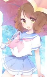  brown_hair commentary_request copyright_name female hibike!_euphonium kitauji_high_school_uniform miniskirt neckerchief oumae_kumiko pink_neckerchief ro_(igris-geo) school_uniform serafuku short_hair skirt solo tuba-kun umbrella 