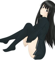  artist_request black_bullet black_eyes black_hair black_thighhighs check_artist extraction female full_body highres light_smile long_hair long_legs looking_at_viewer mg_renders solo tendou_kisara thighhighs transparent_background zettai_ryouiki 