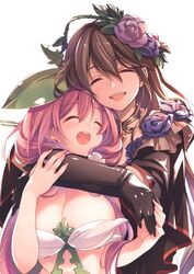  2girls black_gloves breasts brown_hair cleavage closed_eyes commentary_request flower gloves granblue_fantasy hair_between_eyes hair_flower hair_ornament hug hug_from_behind large_breasts leaf long_hair mizuno_sao monster_girl multiple_girls open_mouth pink_flower pink_hair pink_rose plant_girl purple_flower purple_rose rose rosetta_(granblue_fantasy) simple_background smile teeth upper_body white_background yggdrasil_(granblue_fantasy) 