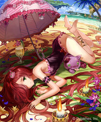  77gl absurdly_long_hair ankle_lace-up ankle_ribbon anna_(granblue_fantasy) arm_garter bad_id bad_pixiv_id barefoot beach blush breasts candle cat_hair_ornament cross-laced_footwear cup day female granblue_fantasy hair_ornament hair_over_one_eye leg_ribbon long_hair looking_at_viewer lying on_side one-piece_swimsuit outdoors palm_tree photoshop_(medium) red_hair ribbon small_breasts solo stuffed_animal stuffed_cat stuffed_toy swimsuit tree umbrella very_long_hair 