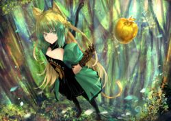  ahoge animal_ears apple atalanta_(fate) boots brown_hair cat_ears cat_tail commentary dress fate/apocrypha fate_(series) female food fruit gloves green_eyes highres kaze_minoru_so-ru long_hair multicolored_hair smile solo tail two-tone_hair 