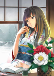  bad_id bad_pixiv_id blurry book bookmark brown_eyes brown_hair camellia checkered_sash cup depth_of_field female floral_print flower highres indoors japanese_clothes kimono kurojishi long_hair obi original sash snow solo steam window 