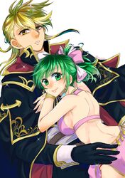  1boy absurdres ares_(fire_emblem) ascot back black_cape black_capelet black_gloves blonde_hair bow bracelet breasts cape capelet choker collar collared_cape commentary_request couple earrings female fire_emblem fire_emblem:_genealogy_of_the_holy_war gloves green_eyes green_hair hairbow highres jewelry large_breasts lene_(fire_emblem) lips long_hair looking_at_viewer parted_lips pink_bow ponytail shoulder_pads sideboob sidelocks smile sparkle straight taguchi_(igutiguti) yellow_eyes 