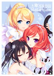  3girls ayase_eli bibi_(love_live!) black_hair blonde_hair blue_eyes breasts circle_name cleavage commentary_request detached_sleeves gloves lips love_live! love_live!_school_idol_project medium_breasts multiple_girls nishikino_maki ponytail purple_eyes red_hair shirahane_nao small_breasts smile snow_halation song_name twintails twitter_username yazawa_nico 