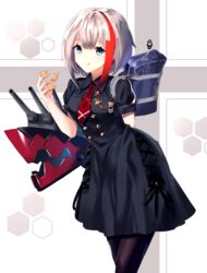  :q admiral_graf_spee_(azur_lane) admiral_graf_spee_(girl&#039;s_sunday)_(azur_lane) arm_behind_back azur_lane bag bag_charm black_dress black_pantyhose blue_eyes breasts bugles_(food) bugles_on_fingers buttons chamnaitu character_charm character_doll charm_(object) commentary deutschland_(azur_lane) double-breasted dress female food food_on_hand grey_hair highres leaning_forward looking_at_viewer machinery medium_breasts multicolored_hair necktie no_tail official_alternate_costume pantyhose red_hair red_necktie school_bag short_hair short_sleeves solo standing streaked_hair tongue tongue_out turret two-tone_background two-tone_hair wing_collar 