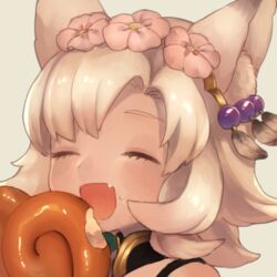  :d ^_^ animal_ears bad_id bad_pixiv_id blush closed_eyes commentary_request dark-skinned_female dark_skin eating erune female flower food food_on_face granblue_fantasy grey_background hair_flower hair_ornament lowres melleau munuko oerba_yun_fang open_mouth pink_flower portrait simple_background smile solo 