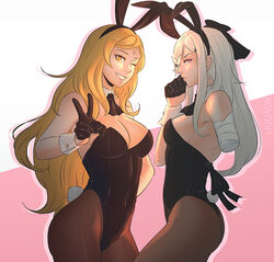  2girls amputee animal_ears ascot bandages bare_shoulders black_ascot black_gloves black_leotard blonde_hair bow bowtie braid braided_bangs breasts brown_legwear cleavage commentary cowboy_shot detached_collar drag-on_dragoon drag-on_dragoon_3 fake_animal_ears five_(drag-on_dragoon) flower flower_over_eye gloves koyorin leotard long_hair medium_breasts multiple_girls pantyhose photoshop_(medium) pink_background playboy_bunny rabbit_ears rabbit_tail red_eyes single_braid single_glove strapless strapless_leotard tail two-tone_background white_background white_hair wrist_cuffs yellow_eyes zero_(drag-on_dragoon) 