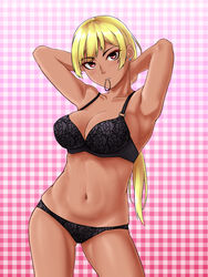  armpits arms_behind_head arms_up ass_visible_through_thighs black_bra black_panties blonde_hair bra breasts closed_mouth collarbone commentary contrapposto cowboy_shot dark-skinned_female dark_skin earrings female floral_print frown gyaru hair_tie_in_mouth head_tilt highres jewelry kogal long_hair looking_at_viewer medium_breasts mouth_hold mutsuki_(mutsuki0110) navel original panties pink_background plaid plaid_background ponytail print_bra print_panties red_eyes skindentation solo standing thighs underwear underwear_only 