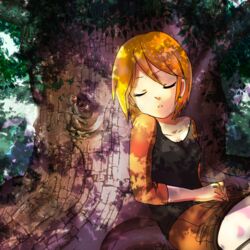  bad_id bad_pixiv_id closed_eyes dappled_sunlight earrings female jewelry leaf luna_(mujin_wakusei_survive) miniskirt miturousoku mujin_wakusei_survive orange_hair raglan_sleeves shade short_hair skirt sleeping sleeping_upright solo sunlight tree 