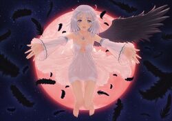  :d babydoll bare_shoulders barefoot beckoning black_wings blue_eyes breasts breasts_apart criss-cross_halter detached_sleeves dress eyebrows feathered_wings feathers female frilled_sleeves frills full_moon hair_ornament hairclip halterneck highres long_hair looking_at_viewer medium_hair moon night night_sky official_art open_hands open_mouth outstretched_arms paint.net_(medium) panis_angelicus reaching red_moon shining_(series) shining_ark silver_hair single_wing sky small_breasts smile solo star_(sky) star_(symbol) starry_sky tony_taka white_dress white_hair wings 