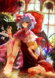  2girls absurdres ascot barefoot bat_wings blonde_hair blue_hair bonnet book brooch cake chair chinese_commentary closed_eyes commentary_request cup dress flandre_scarlet flower food frills guan_tang_baozi hand_on_head hat hat_ribbon highres jewelry leg_ribbon looking_at_viewer mob_cap multiple_girls nail_polish pink_dress plant potted_plant puffy_sleeves reading red_dress red_eyes red_flower red_nails red_rose remilia_scarlet ribbon rose sash short_sleeves siblings side_ponytail sisters sitting smile teacup tiered_tray tile_floor tiles toenails touhou wariza window wings wrist_cuffs 