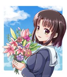  blush border bouquet brown_hair commentary_request female flower from_side highres holding holding_flower katou_megumi looking_at_viewer parted_lips rayhwang saenai_heroine_no_sodatekata school_uniform serafuku short_hair smile solo upper_body yellow_eyes 