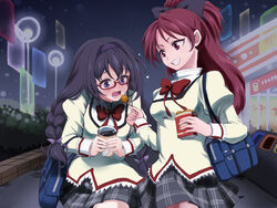  2girls akemi_homura bad_id bad_pixiv_id braid feeding food glasses long_hair mahou_shoujo_madoka_magica mahou_shoujo_madoka_magica_(anime) mitakihara_school_uniform multiple_girls neko_nami83 ponytail purple_eyes red_eyes sakura_kyoko school_uniform twin_braids 