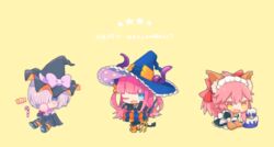  3girls :d alternate_costume animal_ears animal_hands bad_id bad_pixiv_id blue_eyes bow cake candy candy_cane chibi commentary_request demon_tail eating elizabeth_bathory_(fate) elizabeth_bathory_(halloween_caster)_(fate) fate/grand_order fate_(series) food fox_ears fox_tail hair_over_one_eye hairbow halloween happy_halloween hat horns kneeling lollipop looking_at_viewer maid maid_headdress mash_kyrielight multiple_girls munuko oerba_yun_fang one_eye_closed open_mouth orange_legwear pink_hair pitchfork purple_eyes purple_hair red_bow short_hair simple_background smile tail tamamo_(fate) tamamo_cat_(fate) tamamo_cat_(second_ascension)_(fate) two_side_up witch_hat yellow_background yellow_eyes 