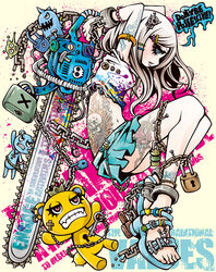  ankle_cuffs anklet blue_eyes bracelet brown_hair chains chainsaw commentary_request cuffs decora english_text female hair_ornament hairpin handcuffs highres jewelry key lock midriff miniskirt nail original padlock photoshop_(medium) project.c.k. sandals skirt skull_hair_ornament solo stuffed_animal stuffed_toy tattoo teddy_bear 