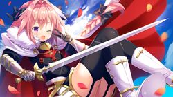  all_male armor astolfo blush boots bow braids cape clouds elbow_gloves fate/apocrypha fate_(series) garter_belt gloves long_hair male oerba_yun_fang petals pink_hair ponytail purple_eyes sky stockings sword thighhighs tougetsu_hajime trap weapon wink 