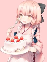  apron bad_id bad_pixiv_id black_bow blonde_hair blush bow cake commentary_request cowboy_shot cream cream_on_face fate_(series) female food food_on_face fork frilled_apron frills fruit hairbow hand_up holding holding_fork holding_plate japanese_clothes kimono koha-ace looking_at_viewer maid_apron munuko okita_souji_(fate) okita_souji_(koha-ace) open_mouth pink_background pink_kimono plate short_hair simple_background smile solo strawberry tasuki yellow_eyes 