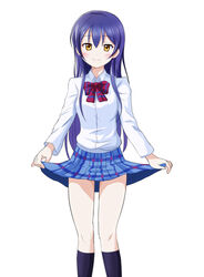  black_socks blue_hair blue_skirt blush bow bowtie collared_shirt commentary_request female kneehighs long_hair long_sleeves looking_at_viewer love_live! love_live!_school_idol_project otonokizaka_school_uniform photoshop_(medium) rayhwang red_bow school_uniform shirt simple_background skirt skirt_hold smile socks solo sonoda_umi striped_bow striped_bowtie striped_clothes white_background white_shirt winter_uniform yellow_eyes 