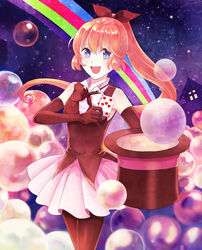  blue_eyes card commentary_request elbow_gloves female gloves haneoka_meimi hat kaitou_saint_tail long_hair magical_girl orange_hair pantyhose photoshop_(medium) ponytail ribbon saint_tail smile top_hat wooga 