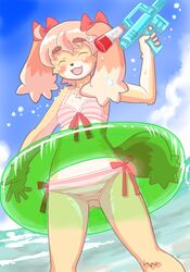  accessory anthro bikini biped blush bow_(feature) bow_accessory bow_ribbon breasts canid canine canis chest_tuft closed_eyes clothed clothing digital_media_(artwork) domestic_dog female fur hair hair_accessory hair_ribbon hairbow inflatable itou_sora kin-shun mammal open_mouth outside pink_hair pool_toy ribbons sea small_breasts solo standing swim_ring swimwear toy toy_gun tuft water water_gun 