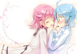  2girls ahoge aoi_(houkago_no_pleiades) bad_id bad_pixiv_id blue-framed_eyewear blue_eyes blue_hair blush closed_eyes eating glasses hirose_madoka houkago_no_pleiades jacket multiple_girls pink_hair rectangular_eyewear school_uniform short_hair simple_background smile subaru_(houkago_no_pleiades) yuri 