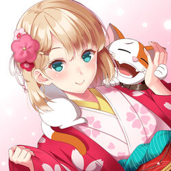  animal animal_around_neck animal_on_shoulder arm_up ashihara_daisuke_(cat) blonde_hair blunt_bangs blush bob_cut closed_mouth commentary_request feline female floral_print flower gradient_background green_eyes hair_flower hair_ornament hairclip happy_new_year huyumitsu japanese_clothes kimono long_sleeves looking_at_viewer nasu_rei new_year no_pupils obi photoshop_(medium) pink_flower print_kimono sash short_hair smile upper_body world_trigger yukata 