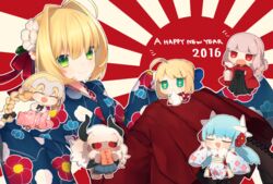  +_+ 1boy 2016 5girls :d ^_^ ahoge artoria_pendragon_(fate) asterios_(fate) bad_id bad_pixiv_id barefoot black_sclera black_skirt blonde_hair blue_hair blue_ribbon boots braid camellia camellia_print closed_eyes closed_mouth colored_sclera commentary_request eating fate/grand_order fate_(series) floral_print florence_nightingale_(fate) flower food green_eyes grey_hair hair_flower hair_intakes hair_ornament hair_ribbon hakama hakama_skirt hands_on_own_cheeks hands_on_own_face happy_new_year holding horns japanese_clothes jeanne_d&#039;arc_(fate) jeanne_d&#039;arc_(ruler)_(fate) kimono kiyohime_(fate) long_hair long_skirt looking_at_viewer mochi mochi_trail multiple_girls munuko nero_claudius_(fate) nero_claudius_(fate/extra) new_year omikuji open_mouth pleated_skirt red_eyes red_ribbon red_skirt ribbon rising_sun_flag saber_(fate) sidelocks skirt smile sunburst sunburst_background triangle_mouth u_u wagashi white_hair 