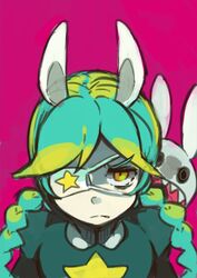  animal_ears annie_(skullgirls) aqua_hair braid commentary_request eyepatch female long_hair lowres orange_eyes pink_background puffy_sleeves rabbit rabbit_ears sagan_(skullgirls) skullgirls solo star_(symbol) toi_(toiot) twin_braids upper_body 