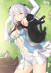  altina_(shining_blade) animal arm_up armpits bare_shoulders belly blue_eyes blush breasts breasts_apart center_opening cleavage clothing_cutout elbow_gloves elf feline female flower gloves grass hair_ornament half_updo hand_on_own_face hand_to_head highres large_breasts long_hair looking_at_viewer lying midriff navel navel_cutout official_art on_back one_eye_closed open_mouth paint.net_(medium) plant pointy_ears purple_ribbon ribbon shining_(series) shining_blade shining_world skirt solo tail tail_ornament tail_ribbon tony_taka tree turtleneck twintails two_side_up waking_up white_gloves white_hair 