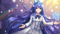  absurdly_long_hair althea_(sakiya0000) black_bow black_bowtie blue_eyes blue_hair bow bowtie commentary_request dress female floating_hair green_bow hairbow high_ponytail highres long_hair long_sleeves looking_at_viewer original photoshop_(medium) pleated_skirt rainbow short_dress skirt smile snowflakes solo very_long_hair white_skirt 