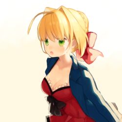  :o ahoge bad_id bad_pixiv_id blazer blonde_hair blue_bow bow braid breasts cleavage commentary_request dress fate/extra fate_(series) female french_braid green_eyes hair_intakes hairbow jacket medium_breasts munuko nero_claudius_(fate) nero_claudius_(fate/extra) nero_claudius_(modern_costume_of_crimson)_(fate) official_alternate_costume open_clothes open_jacket open_mouth red_dress sidelocks solo upper_body 