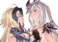  2girls bad_id bad_twitter_id bare_shoulders blonde_hair breasts cleavage collarbone dark_jeanne emmmerald fate/grand_order fate_(series) feathers gloves grabbing_another&#039;s_chin granblue_fantasy hair_ornament hand_on_another&#039;s_chin headpiece historical_name_connection jeanne_d&#039;arc_(fate) jeanne_d&#039;arc_(granblue_fantasy) jeanne_d&#039;arc_(ruler)_(fate) jeanne_d&#039;arc_alter_(avenger)_(fate) jeanne_d&#039;arc_alter_(fate) medium_breasts multiple_girls name_connection red_eyes strap_pull white_hair yellow_eyes 