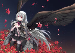  absurdly_long_hair althea_(sakiya0000) black_shirt black_skirt black_thighhighs black_wings bow bowtie breasts cleavage commentary_request crop_top falling_flower falling_petals feathered_wings female floating_hair flower full_body grey_hair hair_between_eyes kneeling lily_(flower) long_hair medium_breasts midriff miniskirt neck_ribbon original parted_lips petals photoshop_(medium) pink_bow pink_bowtie red_eyes red_flower ribbon shirt skirt solo stomach suspender_skirt suspenders thighhighs very_long_hair wings zettai_ryouiki 