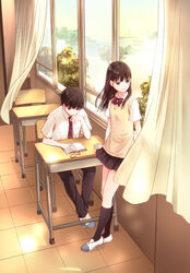  1boy arm_support book bow bowtie chair classroom commentary_request curtains desk female house indoors kimi_no_suizou_wo_tabetai kirihara_izumi kneehighs lens_flare long_hair looking_to_the_side necktie open_book photoshop_(medium) pleated_skirt reading school_chair school_desk school_uniform shiga_haruki shoes short_hair sitting skirt sky smile socks sunlight sweater_vest tile_floor tiles tree uwabaki wind window yamauchi_sakura 