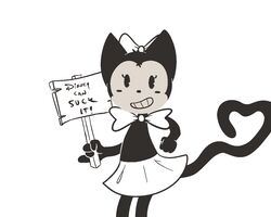  5:4 accessory anthro black_and_white bottomwear bow_(feature) bow_accessory bow_in_front bow_ribbon bow_tie centered_hair_bow cindy_(fnac) clothing disney domestic_cat english_text fazbear_fanverse felid feline felis female five_nights_at_candy&#039;s fleischer_style_toon gesture grin hair_accessory hair_ribbon hairbow heart_symbol holding_object holding_sign j_(artist) looking_at_viewer mammal monochrome ribbons sign simple_background skirt smile solo tail tail_gesture tail_heart text toony white_background 