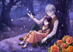  1boy commentary_request couple female flower long_hair original petals photoshop_(medium) purple_eyes purple_hair rose short_hair sitting straight tree wooga 