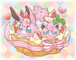  blue_eyes blush commentary_request cream_puff eating evolutionary_line food food_focus fruit gao_(2334787) happy heart igglybuff jigglypuff no_humans photoshop_(medium) pokemon pokemon_(creature) ribbon strawberry wigglytuff 