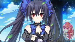  2014 2girls bare_shoulders black_hair blue_ribbon bow bowtie chou_megami_shinkou_noire_gekishin_black_heart cloud company_name crop_top day detached_sleeves game_cg hair_ornament hair_ribbon heart heart_hair_ornament hiding imageboard_desourced leaf looking_at_viewer multiple_girls neptune_(series) noire_(neptunia) non-web_source official_art one_side_up outdoors peeking_out pink_eyes pink_hair ponytail red_eyes red_hair ribbon saori_(chou_megami_shinkou_noire_gekishin_black_heart) shirt short_sleeves sky tree tsunako twintails watermark wind 