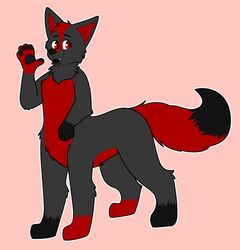  2017 5_fingers black_body black_fur black_nose black_tail black_tongue canid canine canis chest_tuft cute_fangs digital_media_(artwork) dipstick_tail eyebrows fangs fingers fluffy fluffy_tail full-length_portrait fur gesture gloves_(marking) grey_body grey_fur head_tuft hi_res leg_markings looking_at_viewer male mammal markings multicolored_body multicolored_fur multicolored_tail open_mouth pink_background portrait qtipps quadruped red_body red_eyes red_fur red_tail shado_(shadowolf17) simple_background smile socks_(marking) solo tail tail_markings taur teeth tongue tuft two_tone_tail waving wolf 