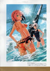  2girls :d absurdres adjusting_clothes adjusting_swimsuit arms_behind_back ass back bare_shoulders bikini blue_eyes blue_sky blush bracer braid breasts collarbone crown_braid daiba_canon day eyepatch floral_print frilled_bikini frills gina_dickinson god_eater god_eater_burst grey_hair hand_on_own_hip highres holding huge_weapon light_smile looking_at_viewer looking_back medium_breasts multiple_girls non-web_source ocean official_art one-piece_swimsuit open_mouth outdoors over_shoulder ribbon scan sky smile sun sunlight swimsuit tan tanlines water weapon weapon_over_shoulder 